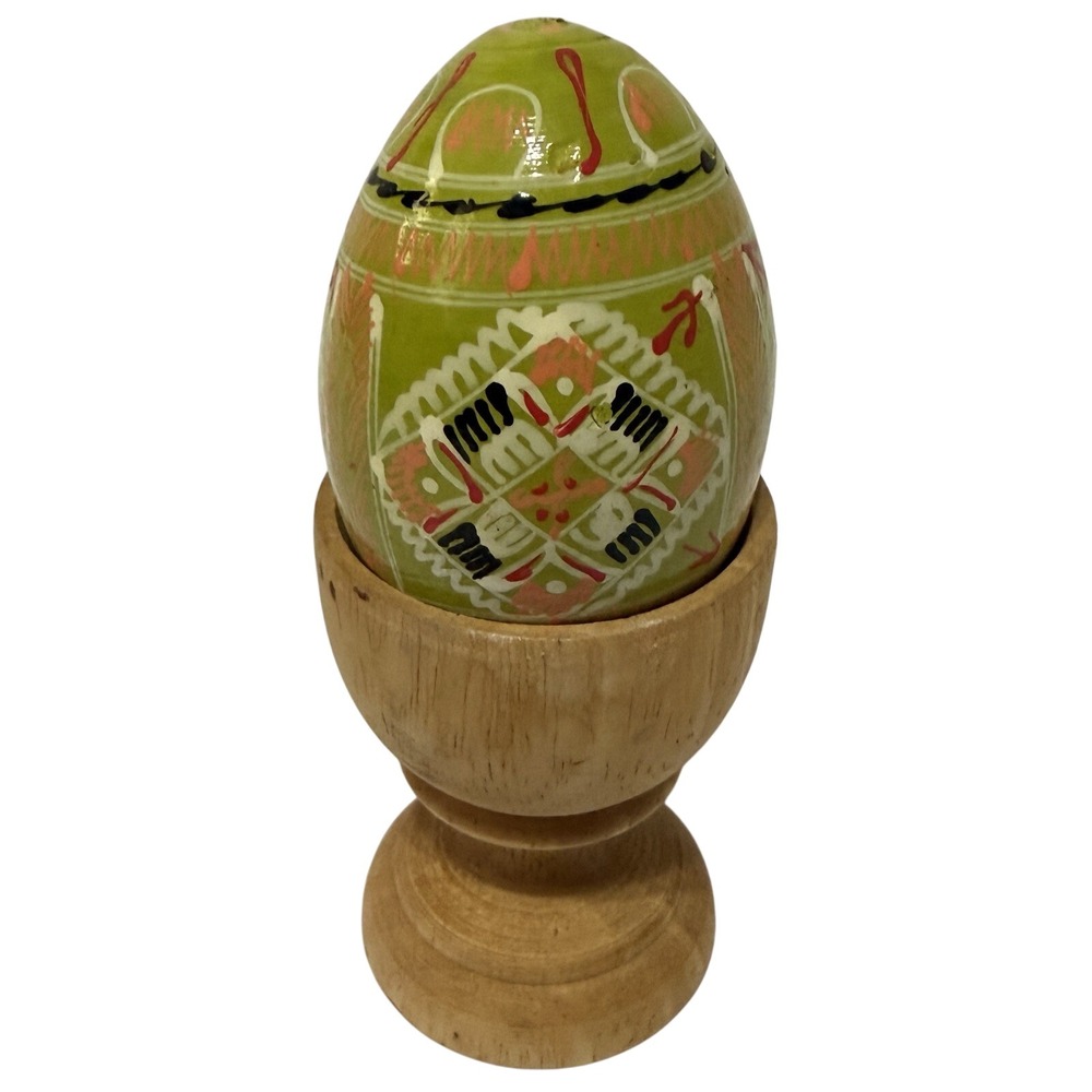 Vintage‎ Hand Painted Wooden Egg Ukrainian Polish Russian Decorative Wood Stand